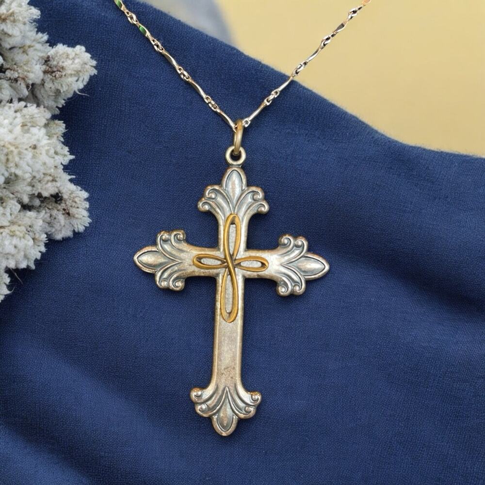 Vintage Kats Creations Silver Tone Cross Pendant 24” Necklace Faith Religion